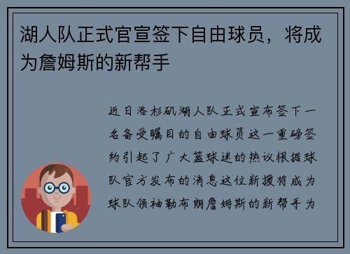湖人队正式官宣签下自由球员，将成为詹姆斯的新帮手